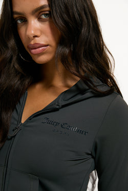 Displays a model wearing the Raven 'Juicy' branded Active Fitted Hoodie