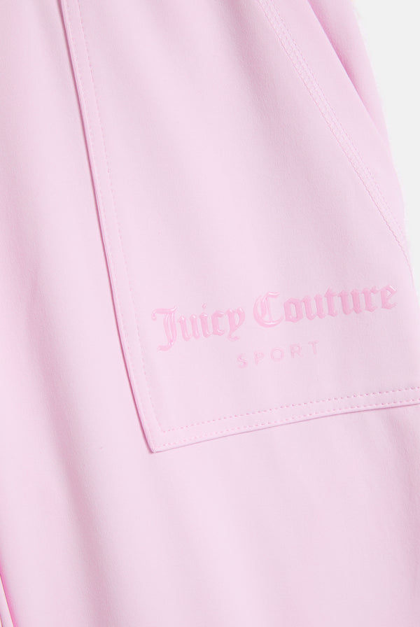 Displays the Cherry Blossom 'Juicy' branded peached active low rise pants featuring juicy Couture branding
