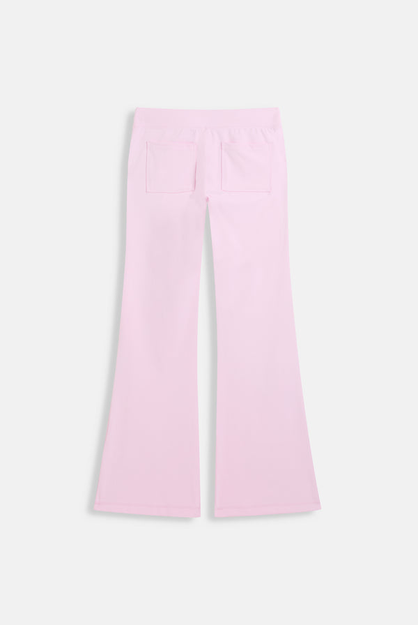 Displays the Cherry Blossom 'Juicy' branded peached active low rise pants 
