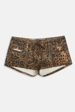 Displays the animal 'Juicy' branded denim lace up shorts 
