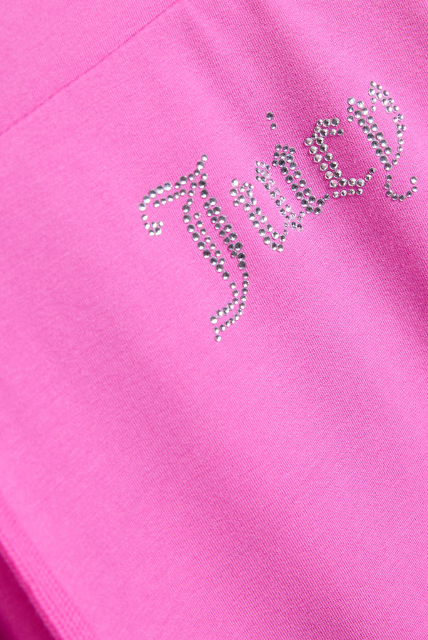 Displays the super pink 'juicy' branded diamanté luxury jersey low rise pant featuring the juicy branding 