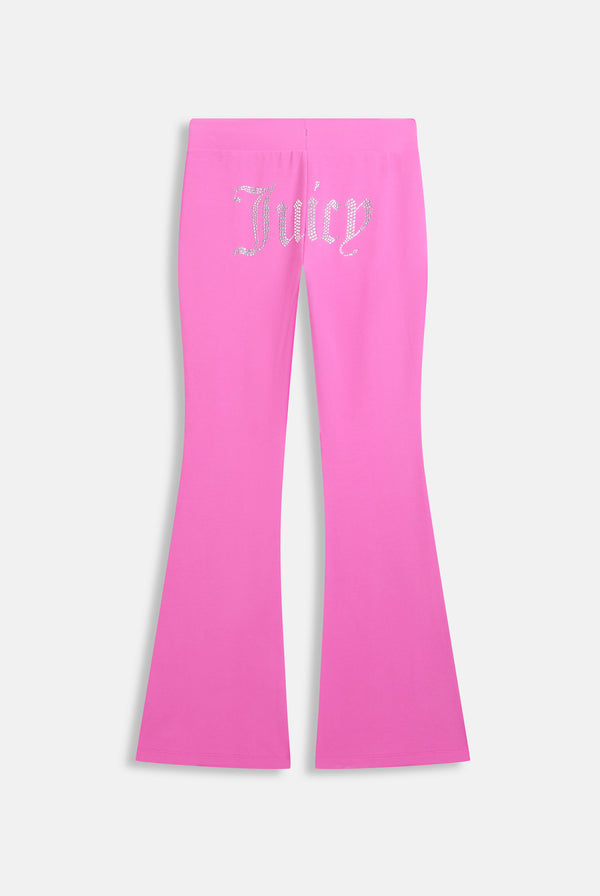 Displays the super pink 'juicy' branded diamanté luxury jersey low rise pant 