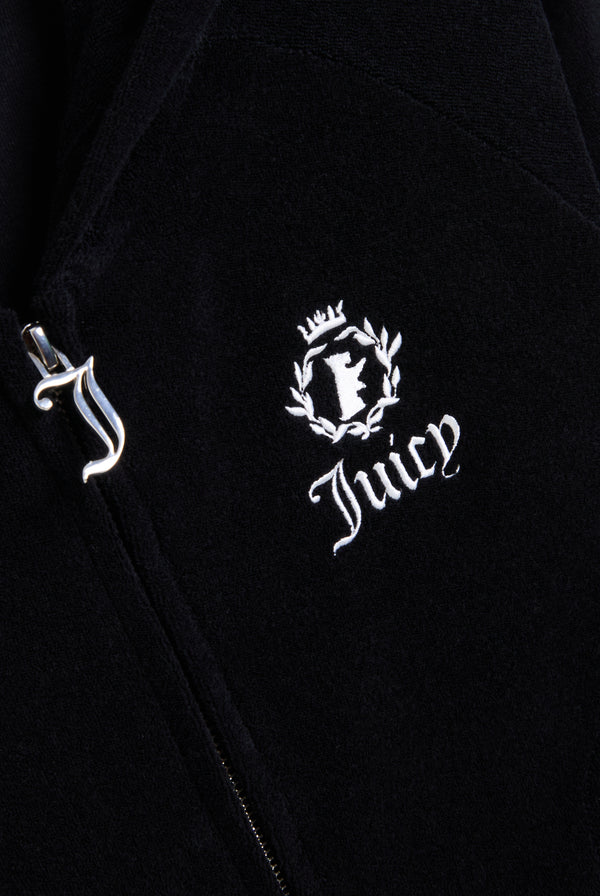 Displays the black appliqué 'Juicy' branded Terry shrunken hoodie featuring the juicy logo and zip