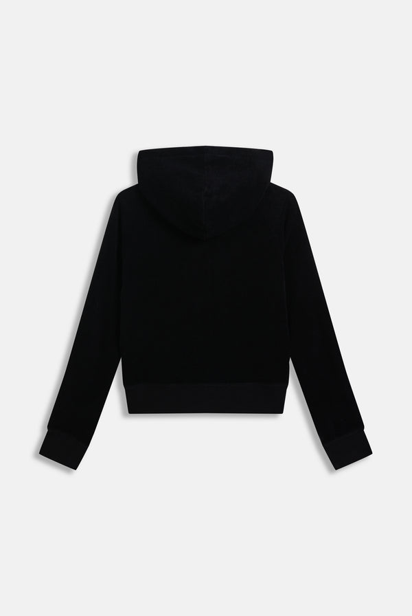 Displays the black appliqué 'Juicy' branded Terry shrunken hoodie 