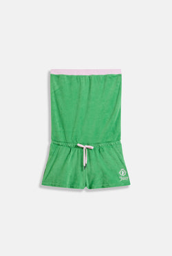 Displays the Peppermint Appliqué 'Juicy' branded Terry towelling romper 