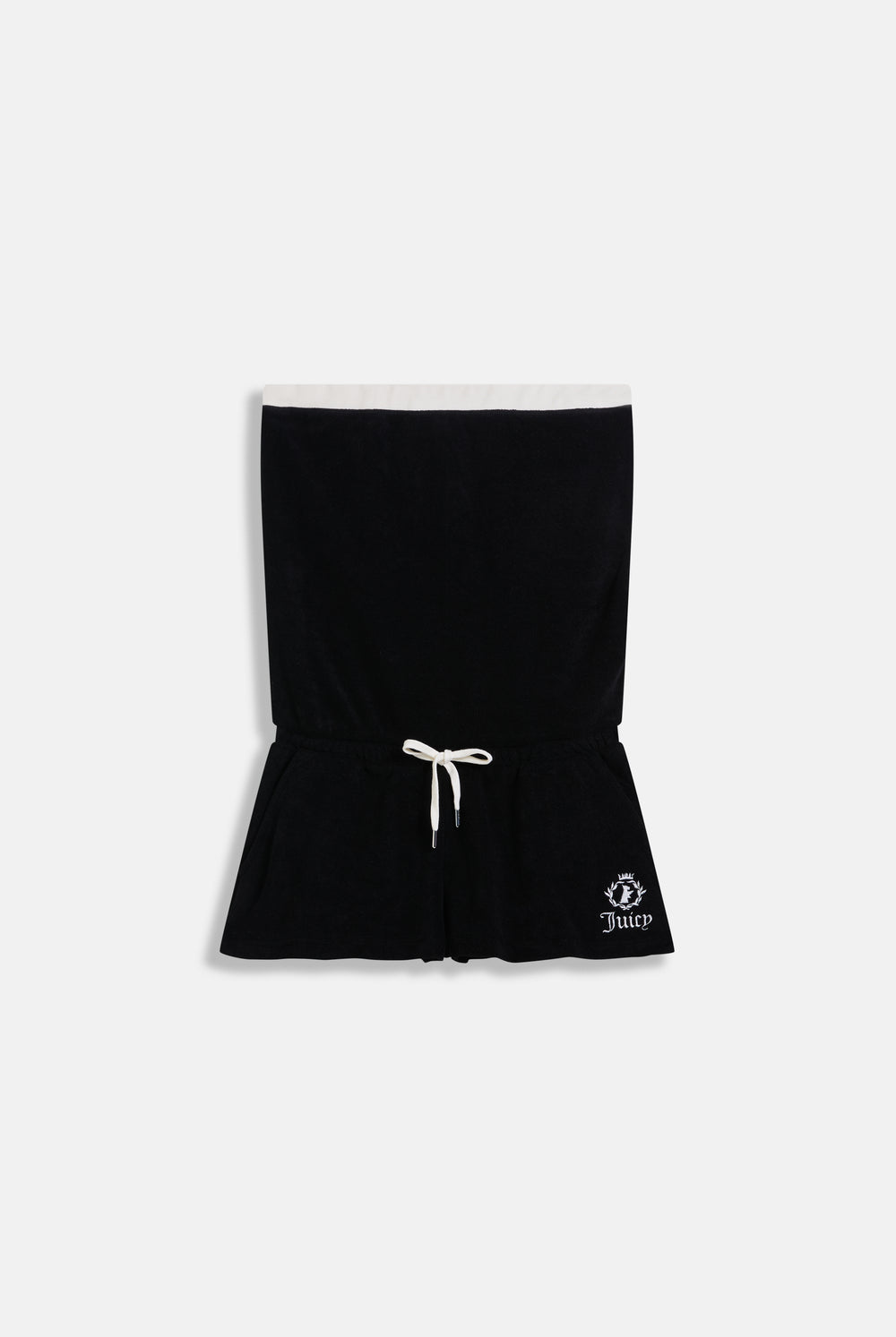 Displays the Black Appliqué 'Juicy' branded Terry towelling romper 