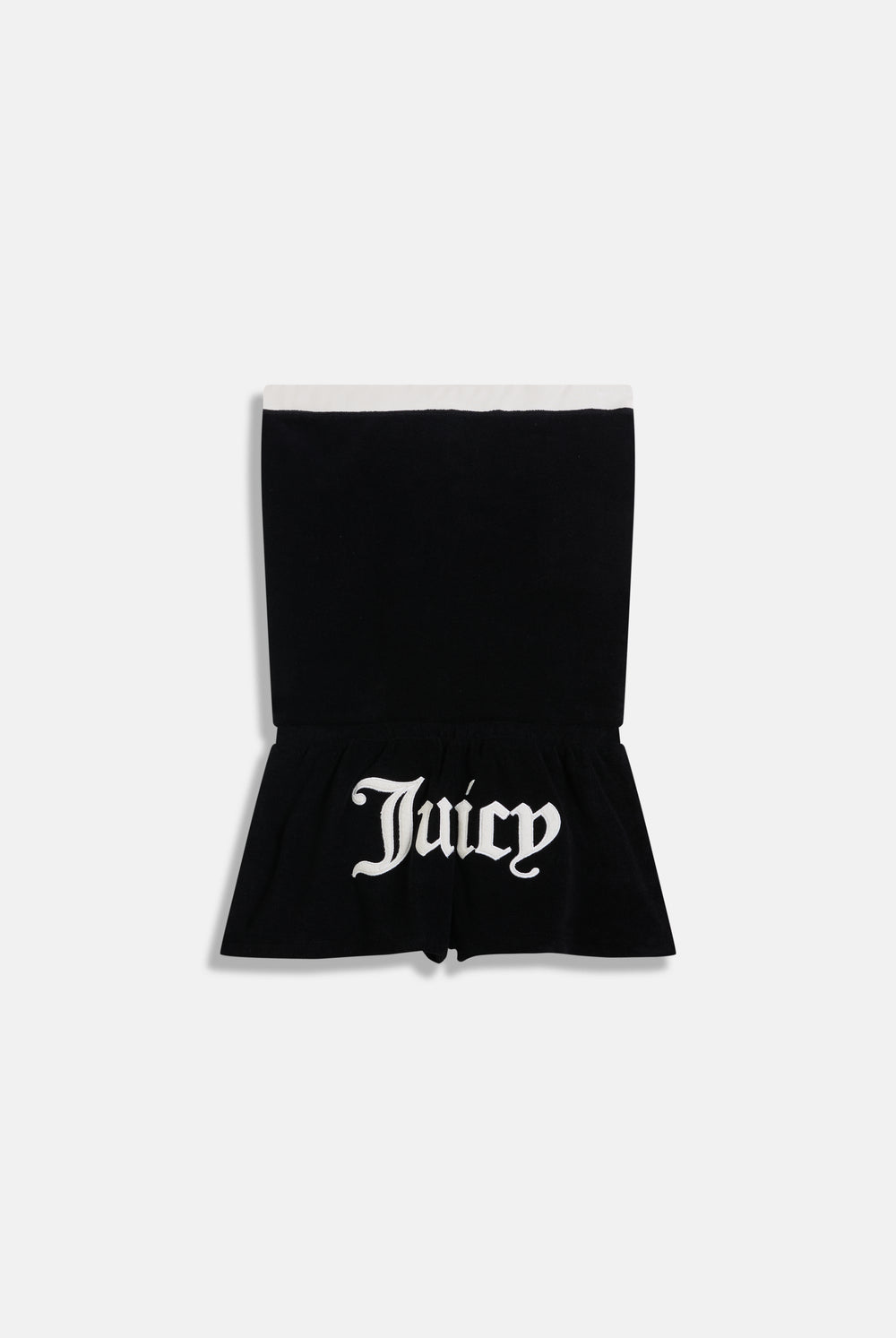 Displays the Black Appliqué 'Juicy' branded Terry towelling romper 
