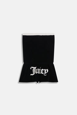 Displays the Black Appliqué 'Juicy' branded Terry towelling romper 