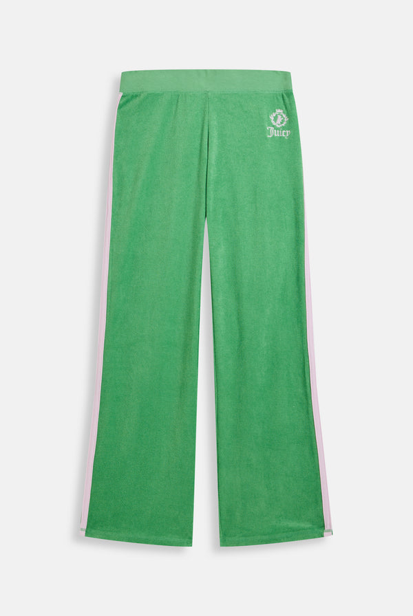 Displays the peppermint appliqué 'Juicy' branded Terry ultra low track pants 