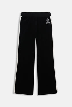 Displays the Black appliqué 'Juicy' branded Terry ultra low straight track pants 