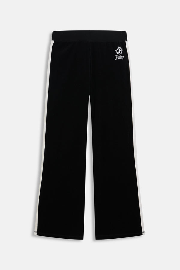 Displays the Black appliqué 'Juicy' branded Terry ultra low straight track pants 