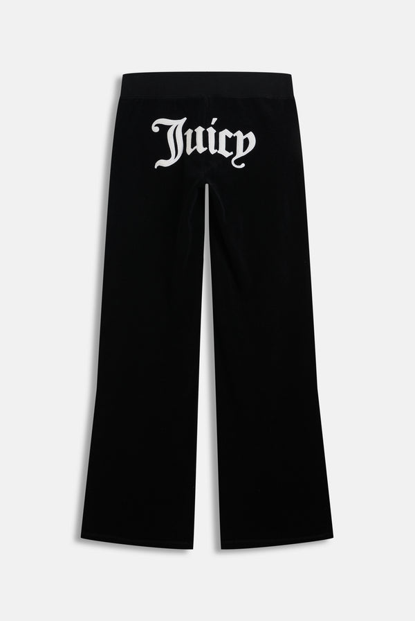 Displays the Black appliqué 'Juicy' branded Terry ultra low straight track pants 