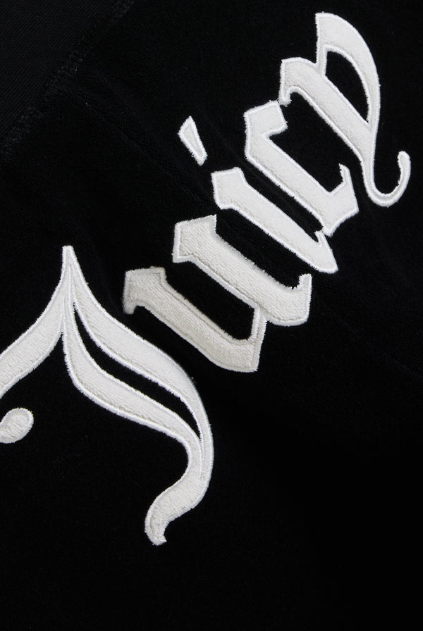 Displays the Black appliqué 'Juicy' branded Terry ultra low straight track pants featuring the juicy branding 