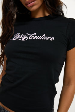 Displays a model wearing the Black 'Juicy' branded Script T-Shirt