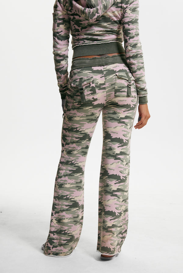 Pink Camo Print Washed Cotton Low Rise Track Bottoms