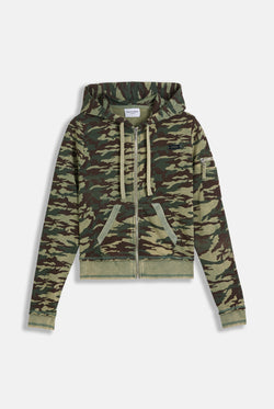 Displays a model wearing the Camo Print 'Juicy' branded washed cotton hoodie 