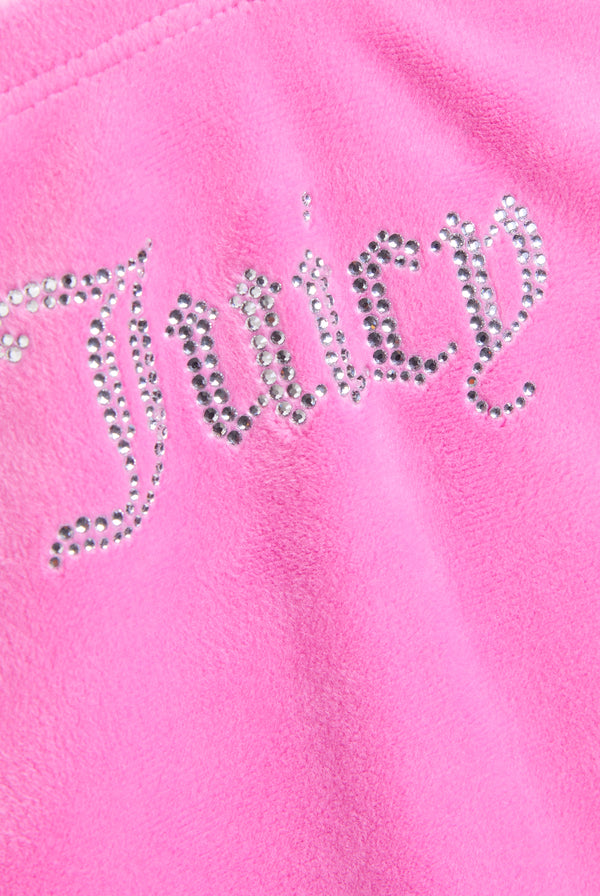 Displays the super pink 'juicy' branded bandeau velour dress featuring the juicy branding 