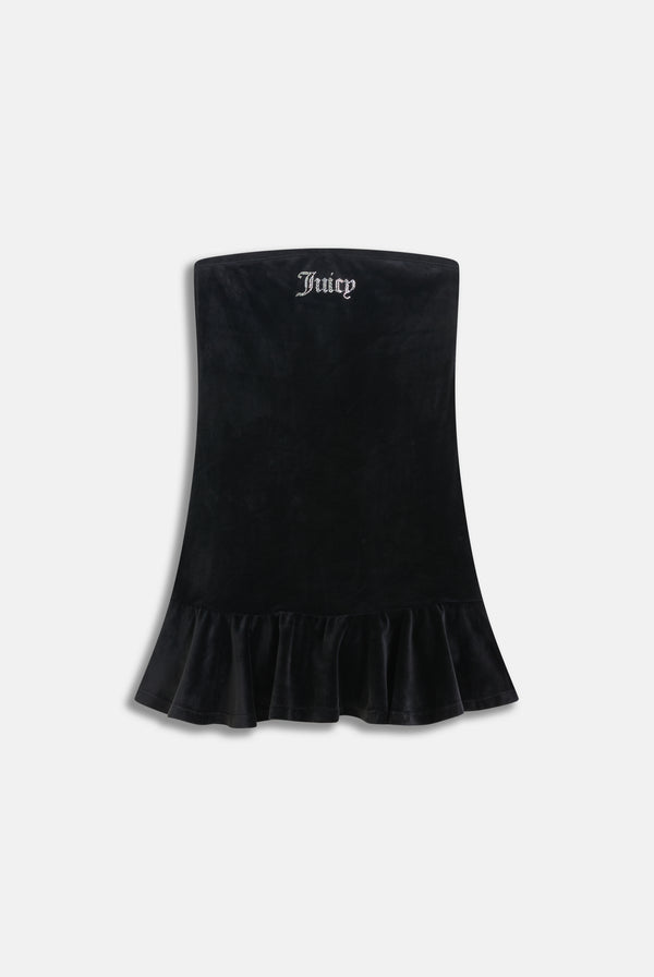 Displays the Black Bandeau Ruffle 'Juicy' branded velour dress 