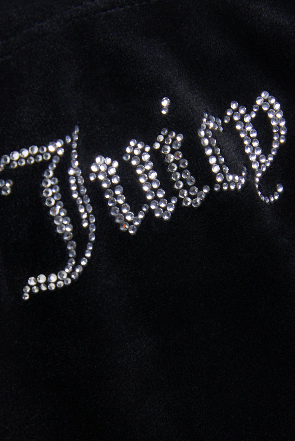 Displays a model wearing the Black Bandeau Ruffle 'Juicy' branded velour dress featuring the juicy branding 