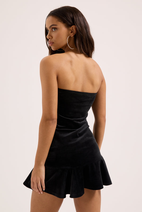 Displays the Black Bandeau Ruffle 'Juicy' branded velour dress 