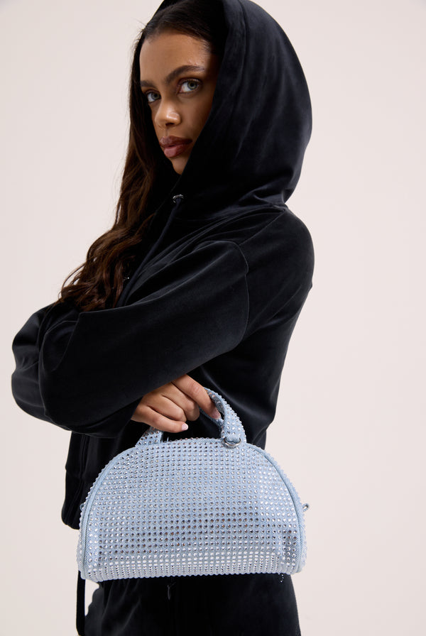 WASHED BLUE DENIM & DIAMANTÉ BOWLING HANDBAG