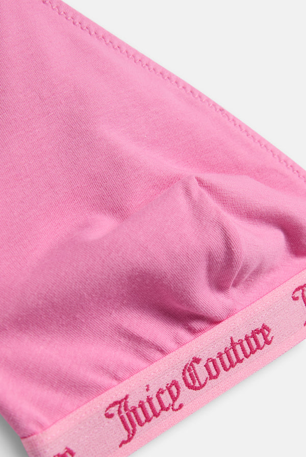 Displays the Pink 'Juicy' branded 3 Pack Scoop Cotton Triangle Bralettes featuring the juicy couture branding 