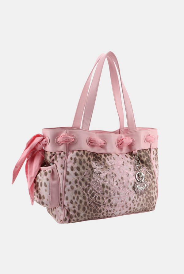 Displays the Pink 'juicy' branded cheetah daydreamer shopper bag 