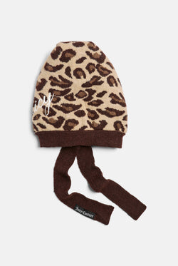 Displays the Leopard Print 'Juicy' branded Bonnet With Bow