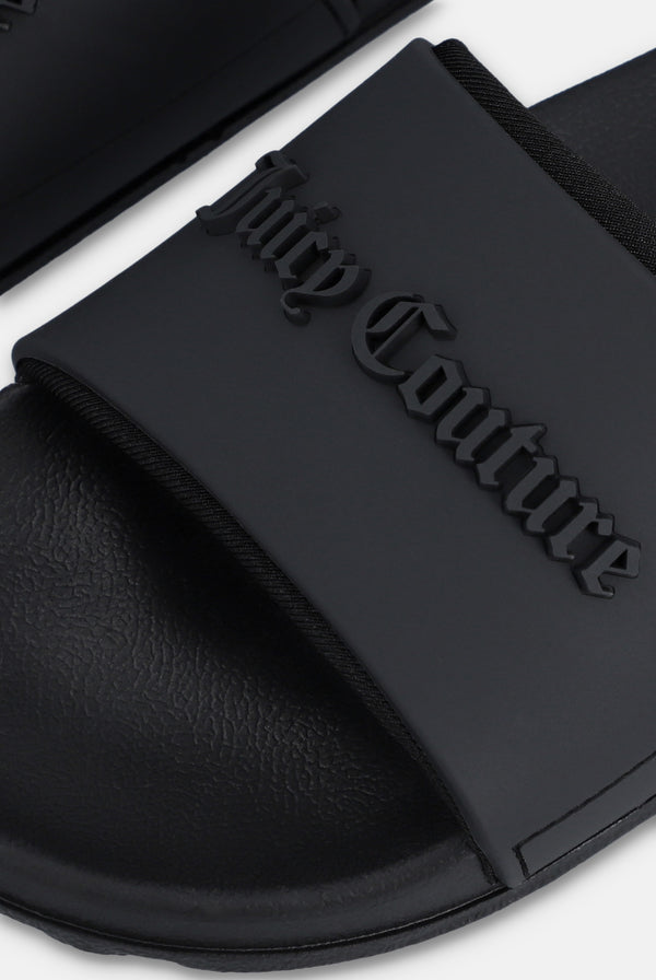 Displays a pair of the Black 'Juicy' branded embossed sliders featuring the juicy Couture branding 