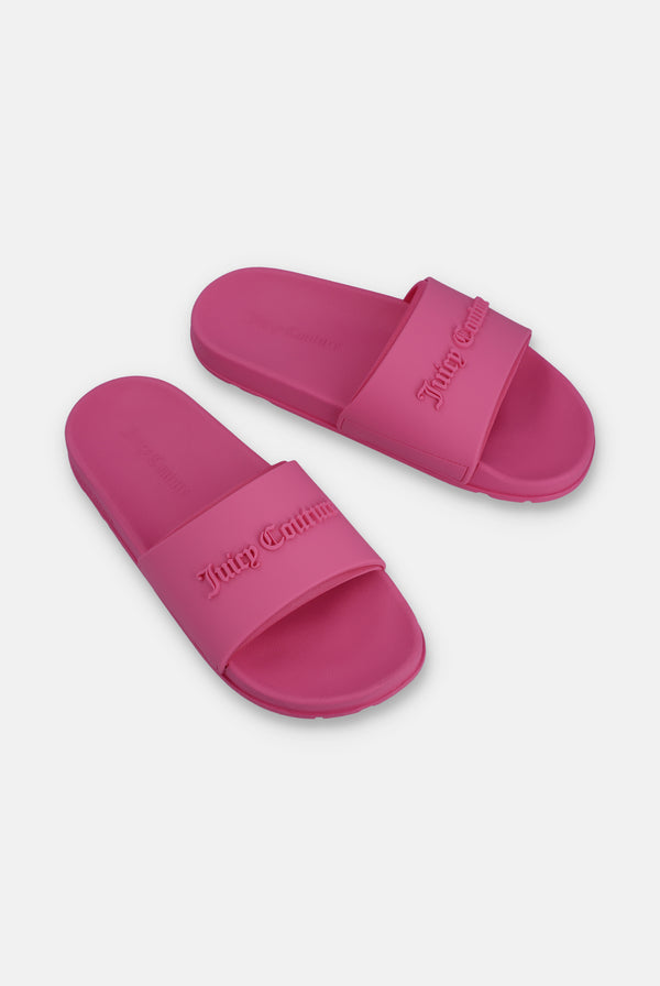 Displays a pair of the Pink Peacock 'Juicy' branded logo embossed sliders 