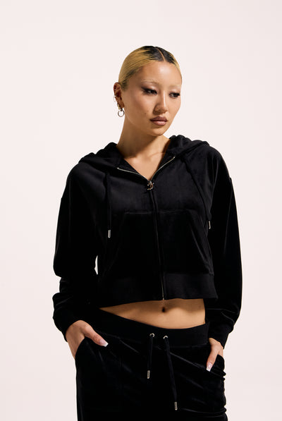 BLACK CROP OVERSIZED CLASSIC VELOUR HOODIE