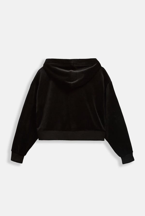 Displays the Black 'Juicy' branded crop oversized classic velour hoodie 