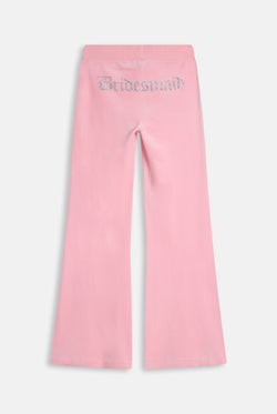 Displays the Juicy Pink 'Juicy' branded bridesmaid classic velour low rise track pants 