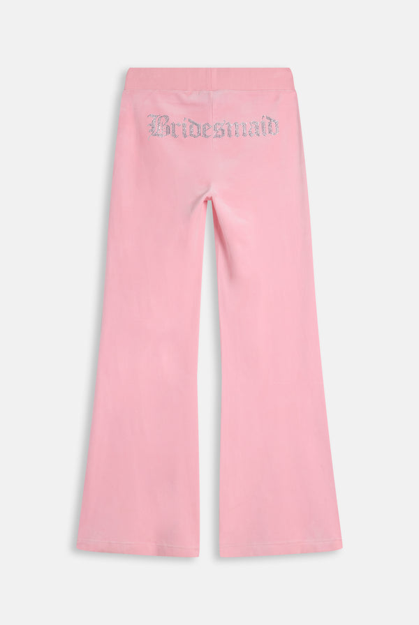 Displays the Juicy Pink 'Juicy' branded bridesmaid classic velour low rise track pants 