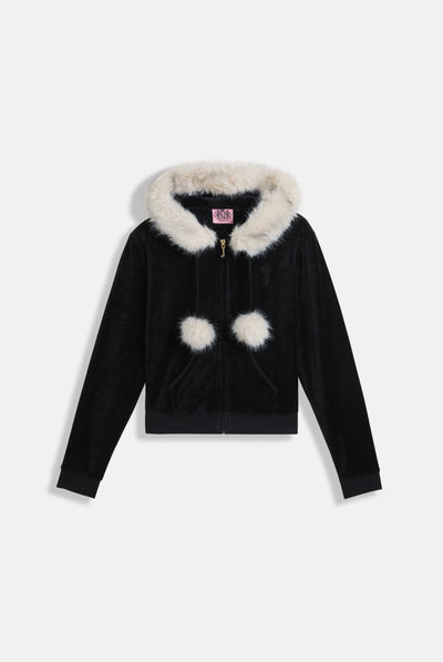 BLACK POM POM FAUX FUR  BAMBOO VELOUR HOODIE
