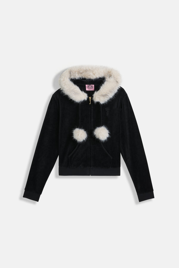 Displays the Black 'Juicy' branded Pom Pom faux fur bamboo velour hoodie 
