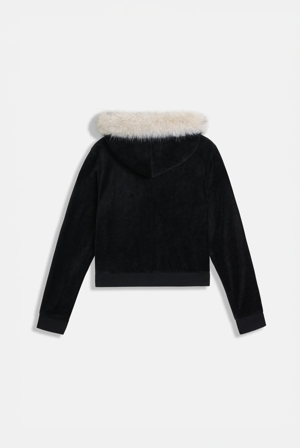 Displays the Black 'Juicy' branded Pom Pom faux fur bamboo velour hoodie 