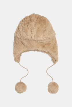 Displays the Warm Taupe 'Juicy' branded Cable Knit Trapper With Fur Lining