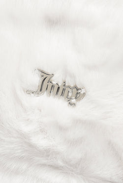 Displays the Sugar Swizzle 'Juicy' branded Cable Knit Trapper With Fur Lining featuring the juicy branding 