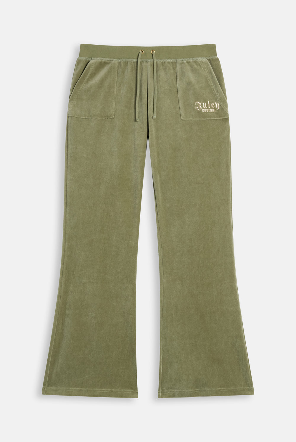 Displays the Oil Green 'Juicy' branded Regal Rebelle Caisa Ultra Low Rise Pant