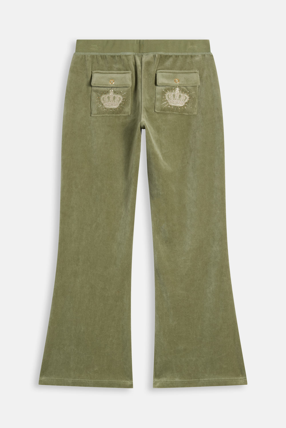 Displays the Oil Green 'Juicy' branded Regal Rebelle Caisa Ultra Low Rise Pant