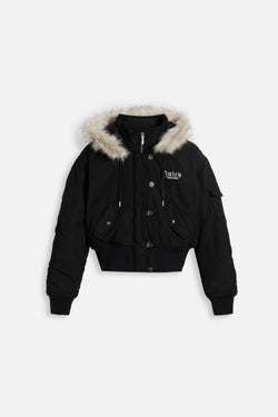 Displays the Black 'Juicy' branded Nylon Bomber