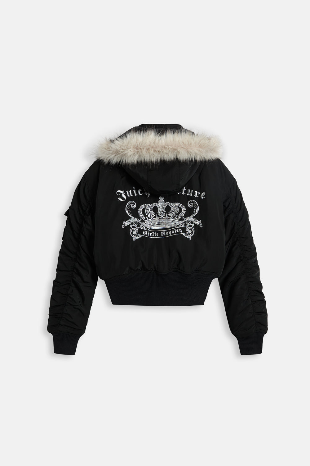 Displays the Black 'Juicy' branded Nylon Bomber