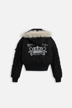 Displays the Black 'Juicy' branded Nylon Bomber