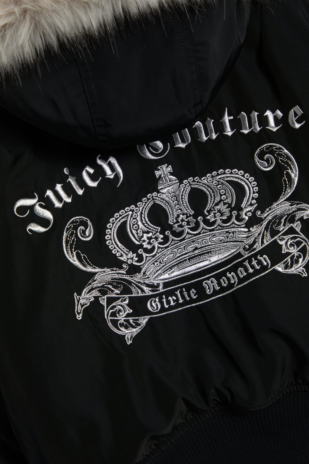 Displays the Black 'Juicy' branded Nylon Bomber featuring the juicy couture logo branding 