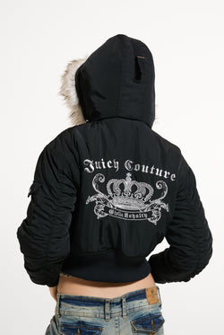 Displays a model wearing the Black 'Juicy' branded Nylon Bomber