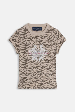 Displays the Camo Zebra 'Juicy' branded Longline T-Shirt