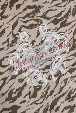 Displays the Camo Zebra 'Juicy' branded Longline T-Shirt featuring the details on the juicy branding 