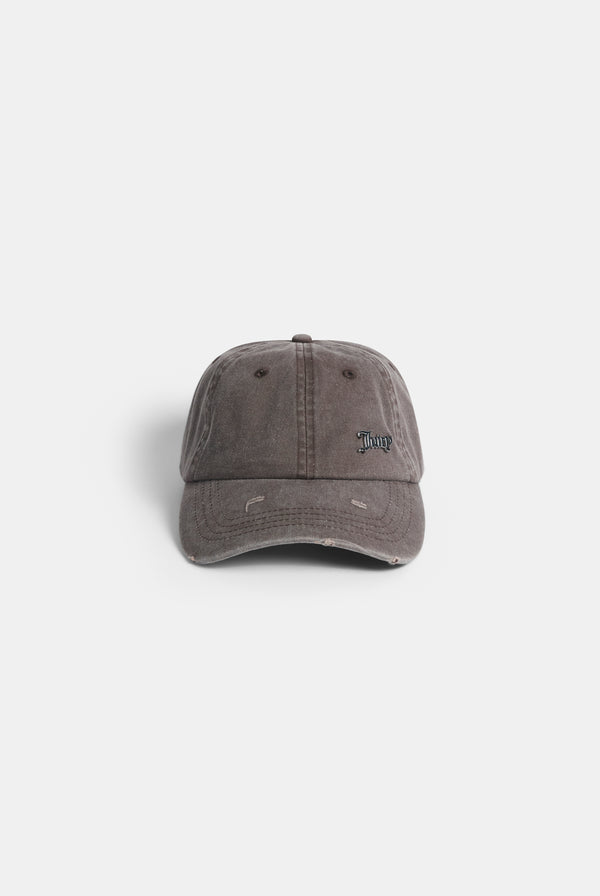 Displays the Java 'Juicy' branded distressed cotton denim cap 