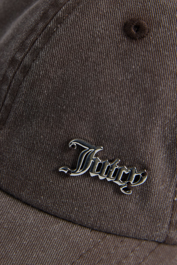 Displays the Java 'Juicy' branded distressed cotton denim cap featuring juicy branding 